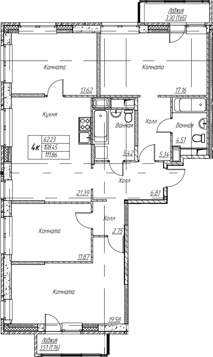 4-комнатная квартира 111.86 м², 9/22 эт., ЖК «Парк-квартал Юнтолово»